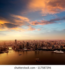 Pudong Skyline At Sunset, Shanghai, China