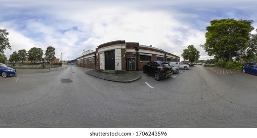 Pudsey Leeds UK, 1st July 2019: 360 Degree Panoramic Sphere Photo Of The Pudsey Leisure Centre In The Town Of Leeds West Yorkshire UK Showing The Outside Streets Along Side The Building.