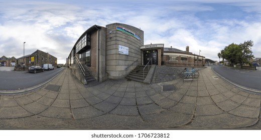 Pudsey Leeds UK, 1st July 2019: 360 Degree Panoramic Sphere Photo Of The Pudsey Leisure Centre In The Town Of Leeds West Yorkshire UK Showing The Outside Streets Along Side The Building.