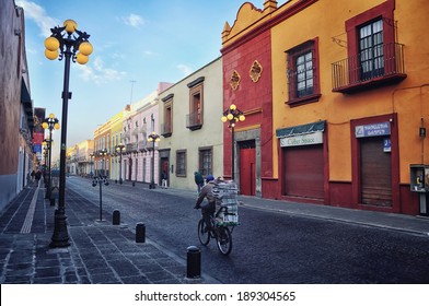 PUEBLA DE ZARAGOZA, MEXICO - MARCH 16, 2011: Morning streets in the one of the five most important Spanish colonial cities in the country. Its history and architectural styles are very famous