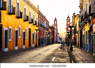 Puebla de Zaragoza, Mexico. Morning streets in the one of the five most important Spanish colonial cities in the country. Famous history and architectural styles at susnrise