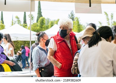 Puebla, Mexico - August 11, 2021: Grandparents Public Health Day, Lining Up To Receive Consultation