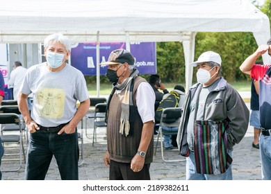 Puebla, Mexico - August 11, 2021: Grandparents Public Health Day, Lining Up To Receive Consultation