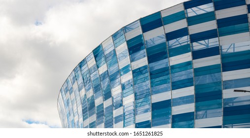 PUEBLA, MEXICO - JANUARY 10 2020 
Detail Of The Cuautemoc Stadium With Its New Facade Of Blue And White Colors