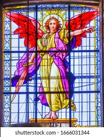 PUEBLA, MEXICO - JANUARY 5, 2019 Colorful Archangel Uriel Stained Glass Basilica Cathedral Puebla Mexico. Built in 15 to 1600s.