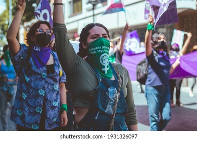 Puebla, Mexico - March 7, 2021: On the way to 8M, a feminist demonstration to commemorate International Women's Day, they demand the decriminalization of abortion in Puebla.