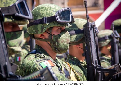 Puebla, Mexico - September 30, 2020: Servicemen At The Commemoration Ceremony Of The 255th Anniversary Of The Birth Of General José María Morelos Y Pavón.