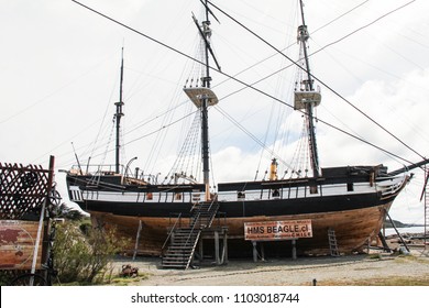 PUENTA ARENAS CHILE-NOV. 12, 2016: A replica of the ship, the Beagle, which carried Charles Darwin on his historic voyage.