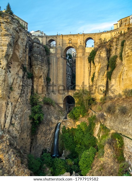 The\
Puente Nuevo, New bridge in Ronda, Spain spans the 120m deep chasm\
which divides the city. Province of Malaga,\
Spain
