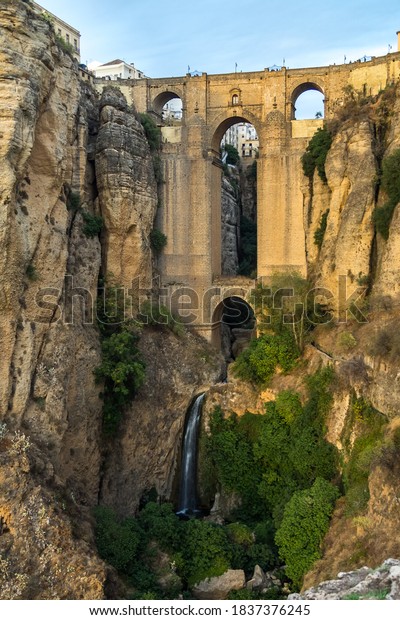The\
Puente Nuevo, New bridge in Ronda, Spain spans the 120m deep chasm\
which divides the city. Province of Malaga,\
Spain