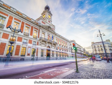 The Puerta Del Sol Square Is The Main Public Square In The City Of Madrid, Spain. In The Middle Of The Square Is Located The Office Of The President Of The Community Of Madrid.