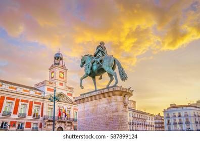 The Puerta del Sol square is the main public square in the city of Madrid, Spain. In the middle of the square is located the office of the President of the Community of Madrid.