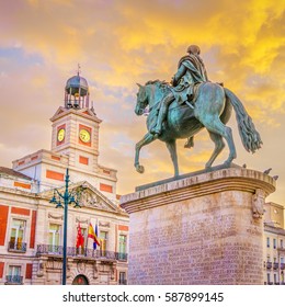 The Puerta Del Sol Square Is The Main Public Square In The City Of Madrid, Spain. In The Middle Of The Square Is Located The Office Of The President Of The Community Of Madrid.