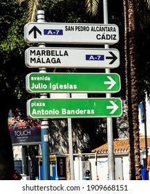 Puerto Banus Marbella Spain October 15 2019. Road signs with some famous actor and singers names in the small town of Puerto Banus outside Marbella in Spain.