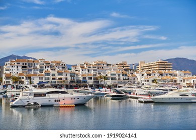 PUERTO BANUS, SPAIN 07 April 2018: views of Puerto Banus, Marbella, Spain showing luxury yachts and motor cruisers of the rich and famous moored in the Port