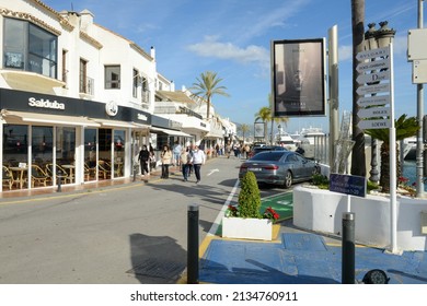 Puerto Banus, Spain - 5 January 2022: people drinking on a restaurant of Puerto Banus on Spain