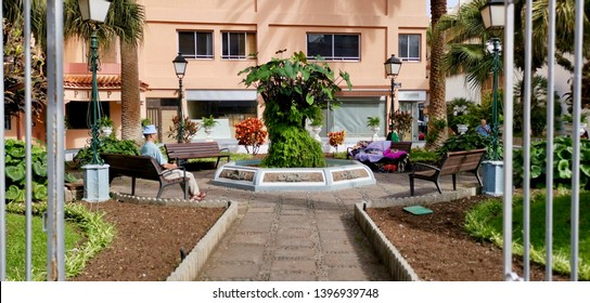 Puerto De La Cruz, Tenerife - April 1, 2019 : A Small Lovely Park Of Plaza Victor Perez  