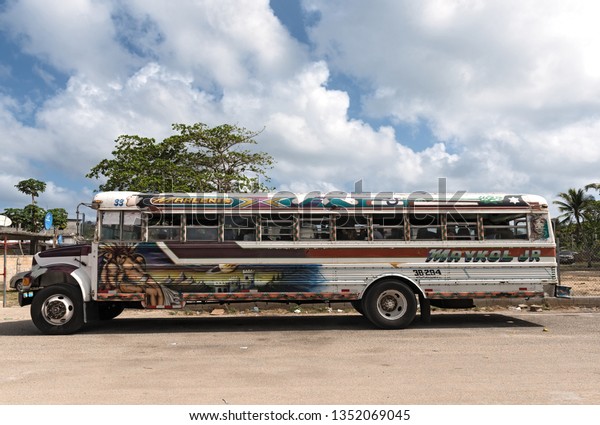 PUERTO LINDO, PANAMA-MARCH 06, 2019:\
colorful painted chicken bus in puerto lindo,\
panama