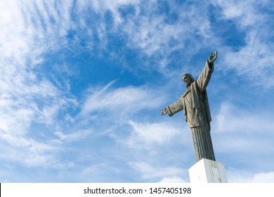 Puerto Plata, Dominican Republic - May 30, 2019: Jesus statue with sky background, Replica of Christ the Redeemer statue from Rio de Janeiro on top of Mount Isabel de Torres Puerto Plata 