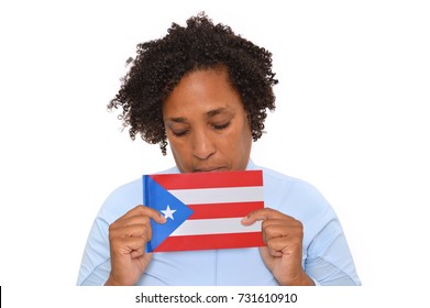 Puerto Rican Flag Held By Brunette Woman With Curly Short Hair White Background