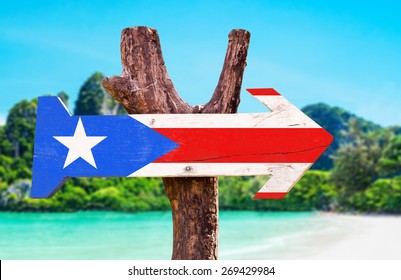 Puerto Rico Flag Wooden Sign With Beach Background