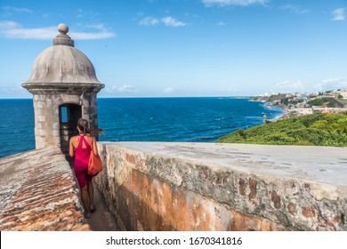 Puerto Rico Travel Cruise Ship Destination People Walking At Castillo San Felipe Del Morro In Old San Juan City Summer Vacation.