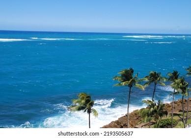 Puerto Rico US Caribbean Island San Juan Capital City. View From The Condado Plaza Hilton Hotel At Condado. Palm Trees Ocean Sea Waves