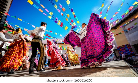 Puerto Vallarta, Mexico - January 28th 2020 - Photo Of Folklore Dancers Dancing In A Beautiful Traditional Dress Representing Mexican Culture.