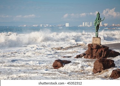 Puerto Vallarta view from Los Muertos beach with the Seahorse sculpture