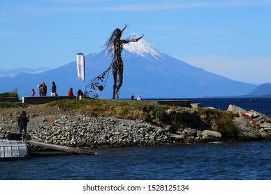 PUERTO VARAS, CHILE - 26 February 2019. A View From The Lakeside Of Lake LLanquihue In Puerto Varas. People Are Spending Some Time In The Park With Volcano Osorno View. 