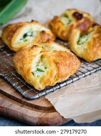 Puff Pastry With Spinach / Wild Garlic Filling. Selective Focus. 