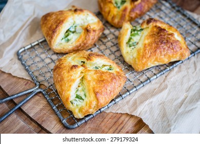 Puff Pastry With Spinach / Wild Garlic Filling. Selective Focus. 