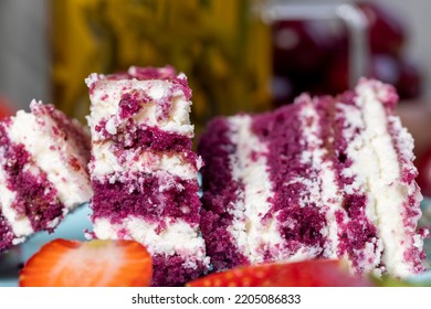 Puff Red And White Cake With Cheese Cream, Sweet Dessert With Strawberry Berry Flavor