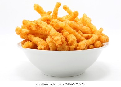 puffcorn snacks in ceramic  bowl isolated on white background