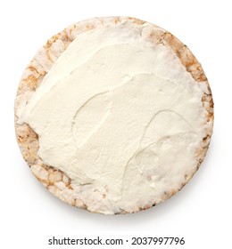 Puffed Brown Rice Cake With Cream Cheese Spread Isolated On White. Top View.