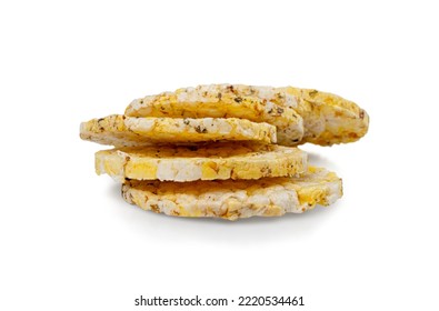 Puffed Corn Cake Isolated. Corn Diet Bread With Fragrant Herbs And Spices, Waffle With Corns, Rice, Cereal Snack, Yellow Crackers, Diet Galettes On White Background