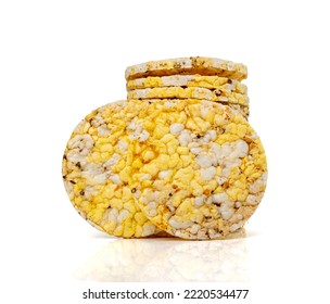 Puffed Corn Cake Isolated. Corn Diet Bread With Fragrant Herbs And Spices, Waffle With Corns, Rice, Cereal Snack, Yellow Crackers, Diet Galettes On White Background