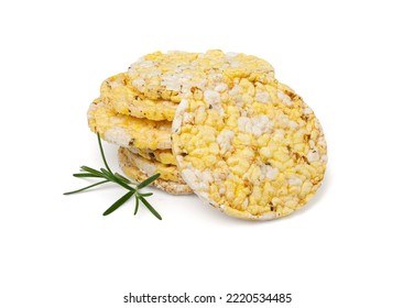 Puffed Corn Cake Isolated. Corn Diet Bread With Fragrant Herbs And Spices, Waffle With Corns, Rice, Cereal Snack, Yellow Crackers, Diet Galettes On White Background