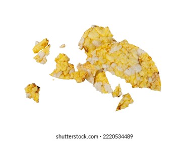 Puffed Corn Cake Isolated. Corn Diet Bread With Fragrant Herbs And Spices, Waffle With Corns, Rice, Cereal Snack, Yellow Crackers, Diet Galettes On White Background