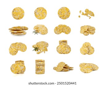 Puffed Corn Cake Isolated, Corn Diet Bread with Fragrant Herbs and Spices, Waffle with Corns, Rice, Cereal Snack, Yellow Crackers, Diet Galettes on White Background, png