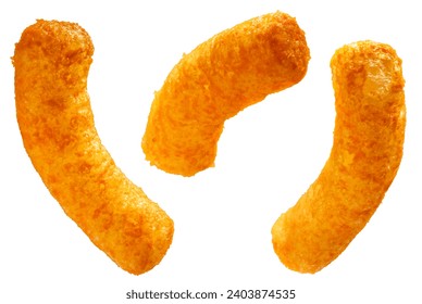 Puffed corn snacks cheesy isolated on white background, Puff corn or Corn puffs cheese flavor on white With clipping path.
