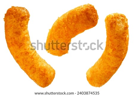 Puffed corn snacks cheesy isolated on white background, Puff corn or Corn puffs cheese flavor on white With clipping path.