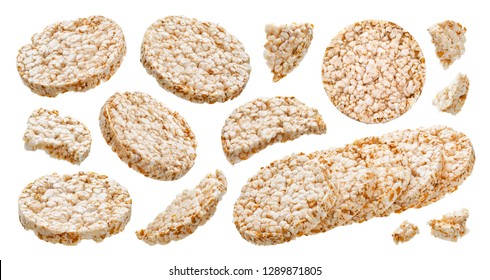 Puffed Rice Bread Isolated On White Background, Crushed Diet Crispy Round Rice Waffles