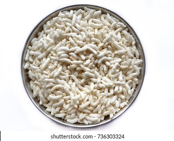 puffed rice breakfast cereal in asia.selective focus shot from above and isolated on white background
