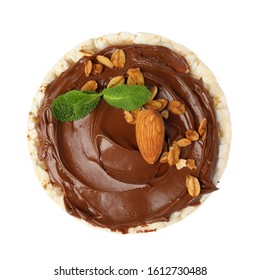 Puffed Rice Cake With Chocolate Spread, Nuts And Mint Isolated On White, Top View