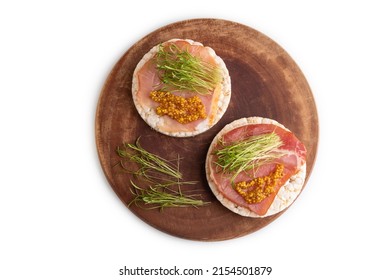 Puffed Rice Cake Sandwiches With Jerky Salted Meat, Carrot Microgreen Isolated On White Background. Top View, Flat Lay, Close Up.