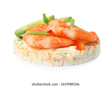 Puffed Rice Cake With Shrimps And Avocado Isolated On White