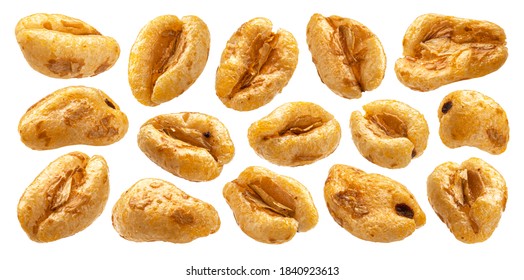 Puffed wheat cereal on white background, honey air rice isolated with clipping path