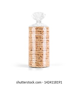 Puffed Whole Grain Crispbread Stack In Transparent Plastic Bag Isolated On White Background. Packaging Template Mockup Collection. Stand-up Front View Package.
