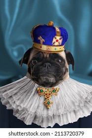 Pug Dog Dressed Like Royal Person Against Blue Background